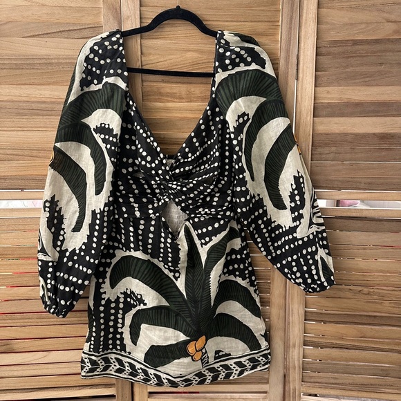 Johanna Ortiz Tropical Linen Mini Dress in green white size 6 - Picture 8 of 11